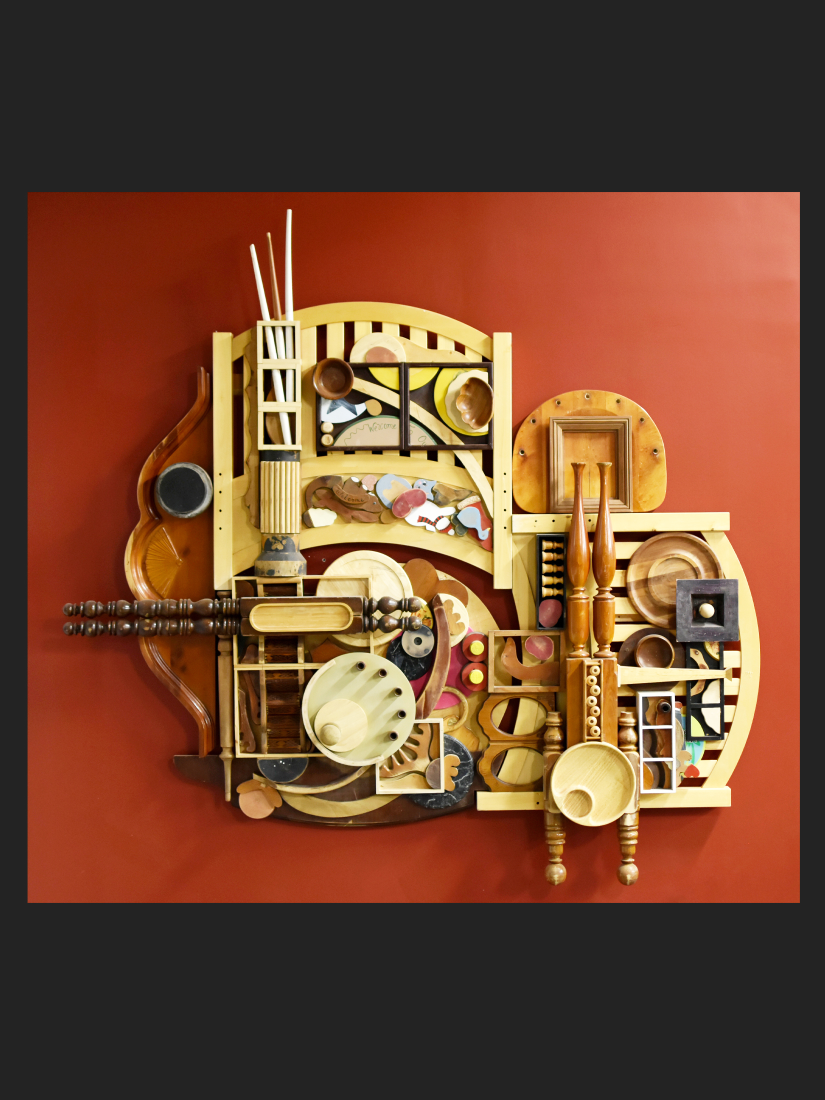 Large assemblage of wooden pieces made in to an abstract wall sculpture