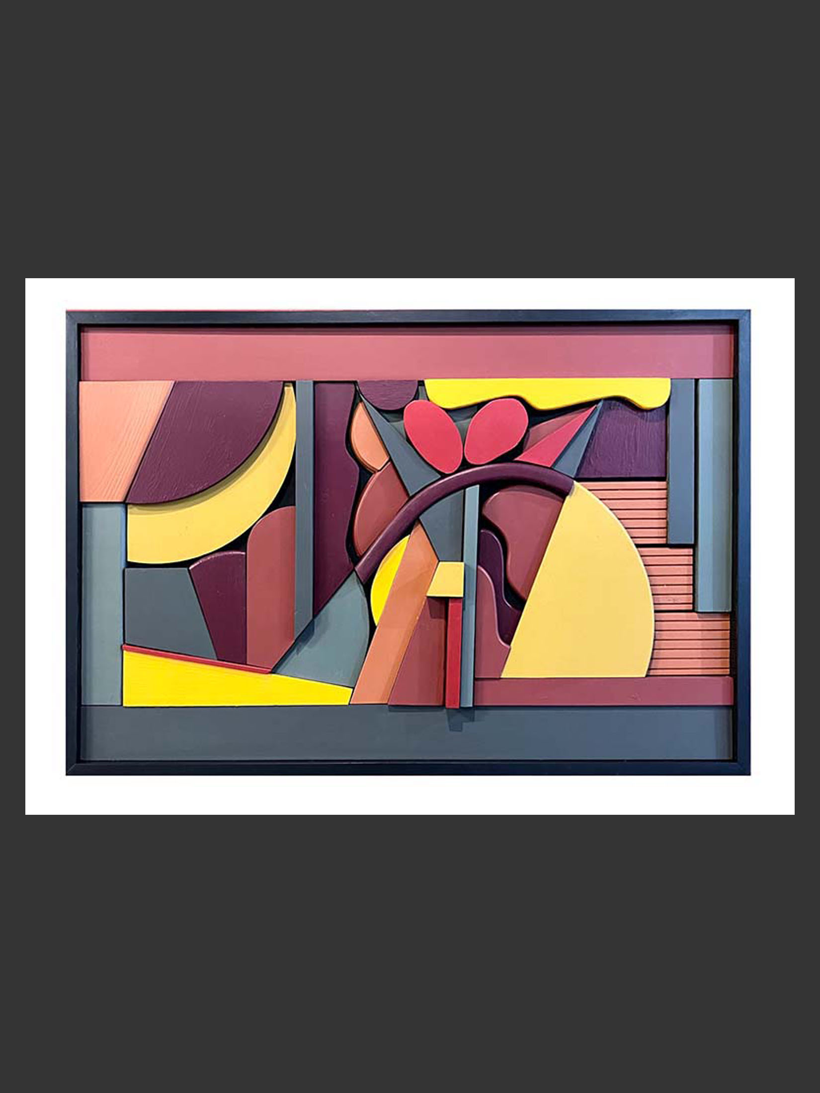 An abstract sculptural artwork featuring geometric shapes and vibrant colors, including yellow, red, and purple. The composition includes circles, curves, and lines, arranged in a dynamic manner by David Furman