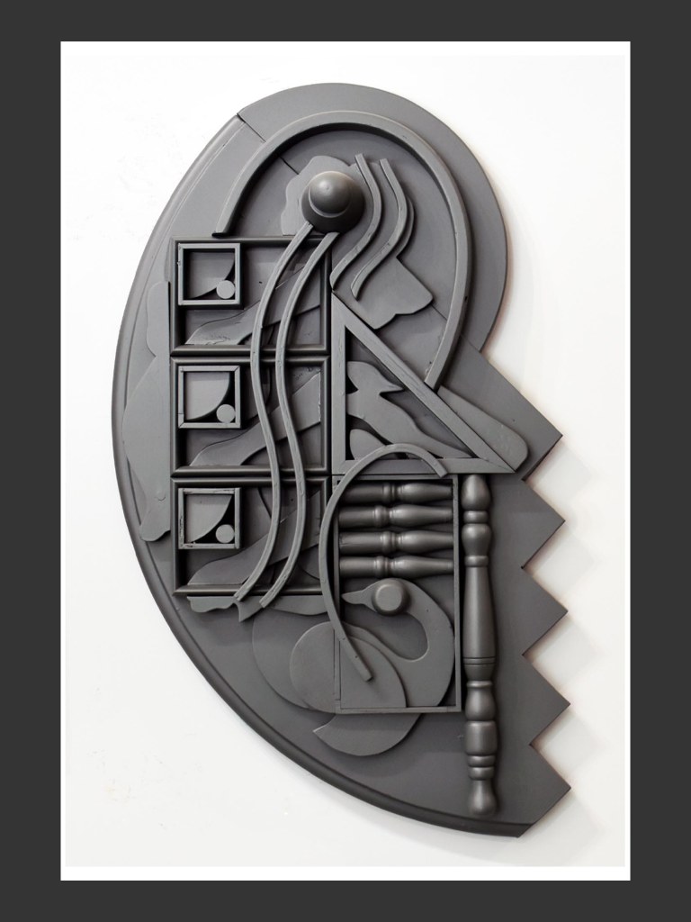 Abstract wall art featuring a composition of geometric shapes and lines in a monochromatic gray color scheme by David Furman.