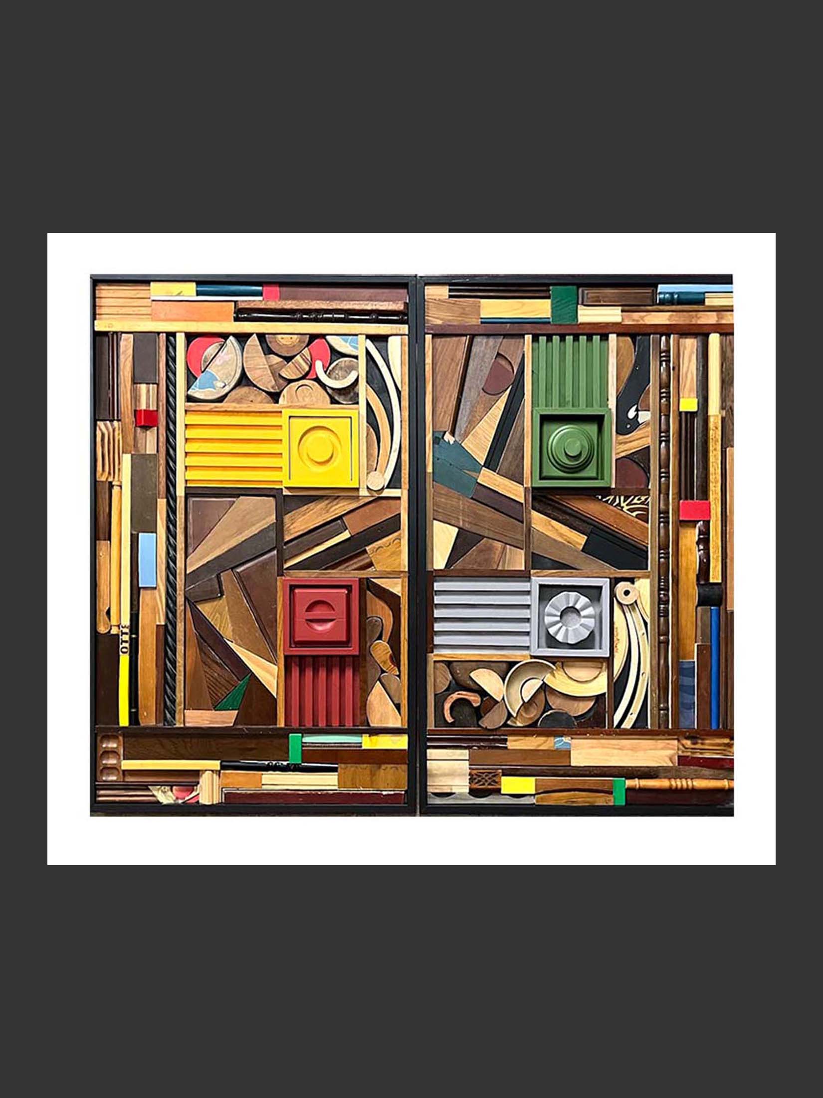 An abstract artwork ,are of reclaimed wood composed of various shapes and colors, featuring geometric patterns and intricate layers by David Furman.