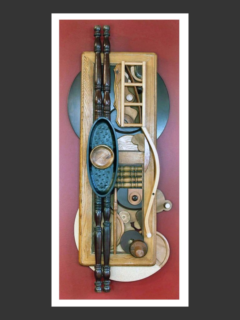 A colorful wooden wall sculpture art piece made out of reclaimed wooden elements composed of various shapes, textures, and colors, featuring geometric patterns and organic forms by David Furman