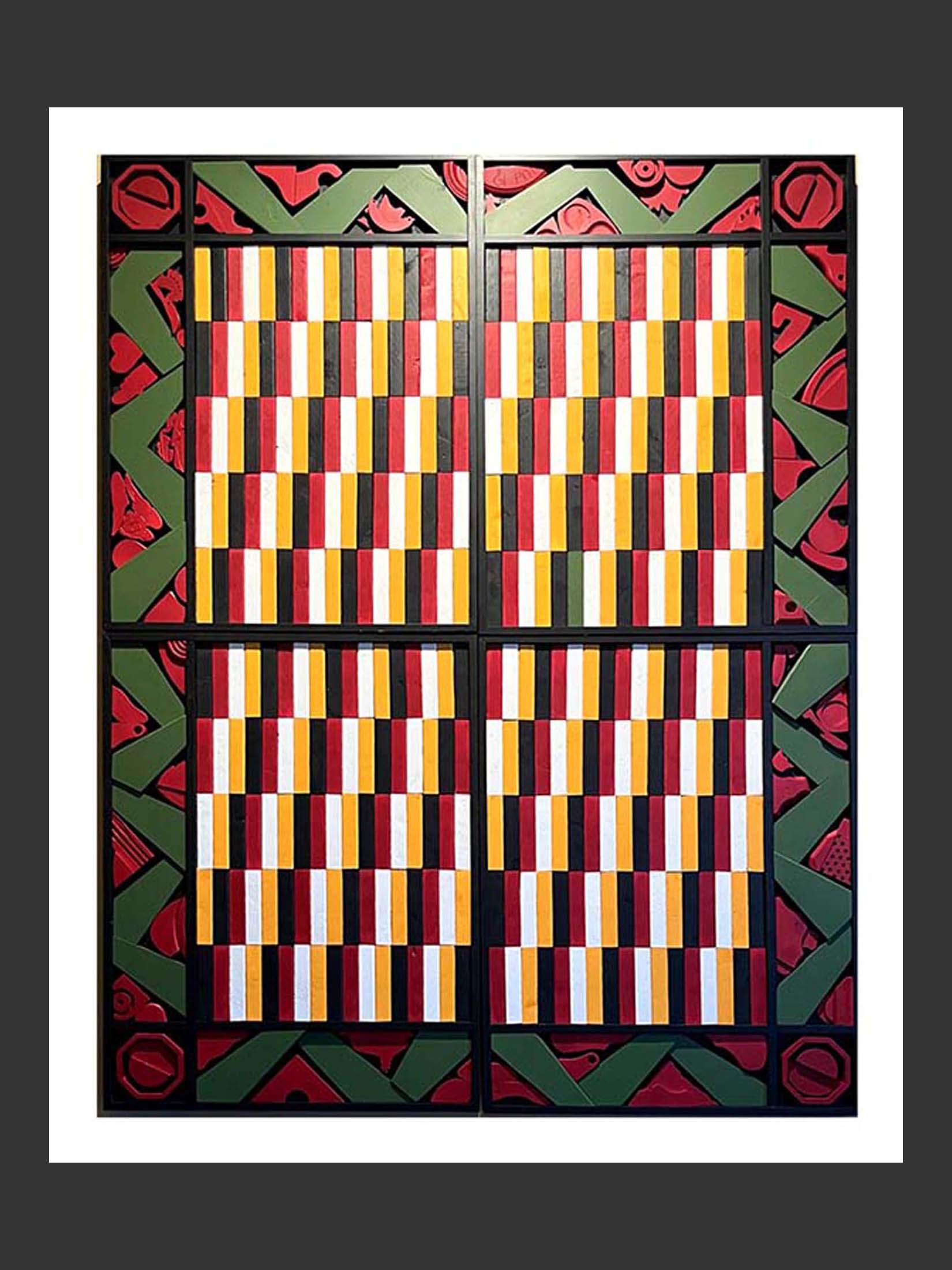 A vibrant abstract artwork made of reclaimed wood featuring a grid of colorful stripes in red, yellow, white, and black, framed with decorative green and red patterns, a quilt of color and geometric forms by David Furman.