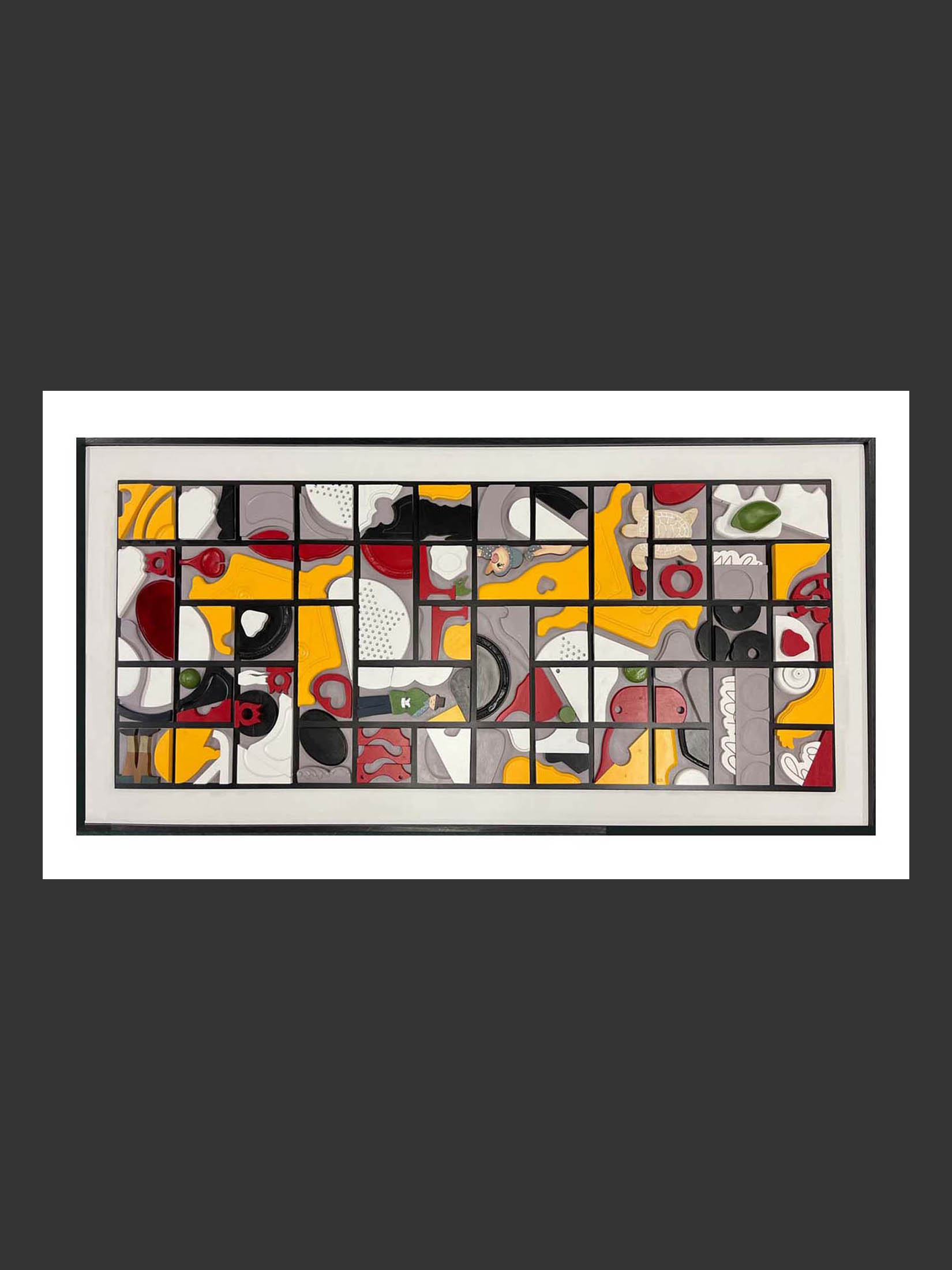 An abstract artwork made of reclaimed wood featuring a grid of colorful geometric shapes, including reds, yellows, blacks, and whites, with various organic forms and patterns that engages with the meeting of order and chaos by David Furman.