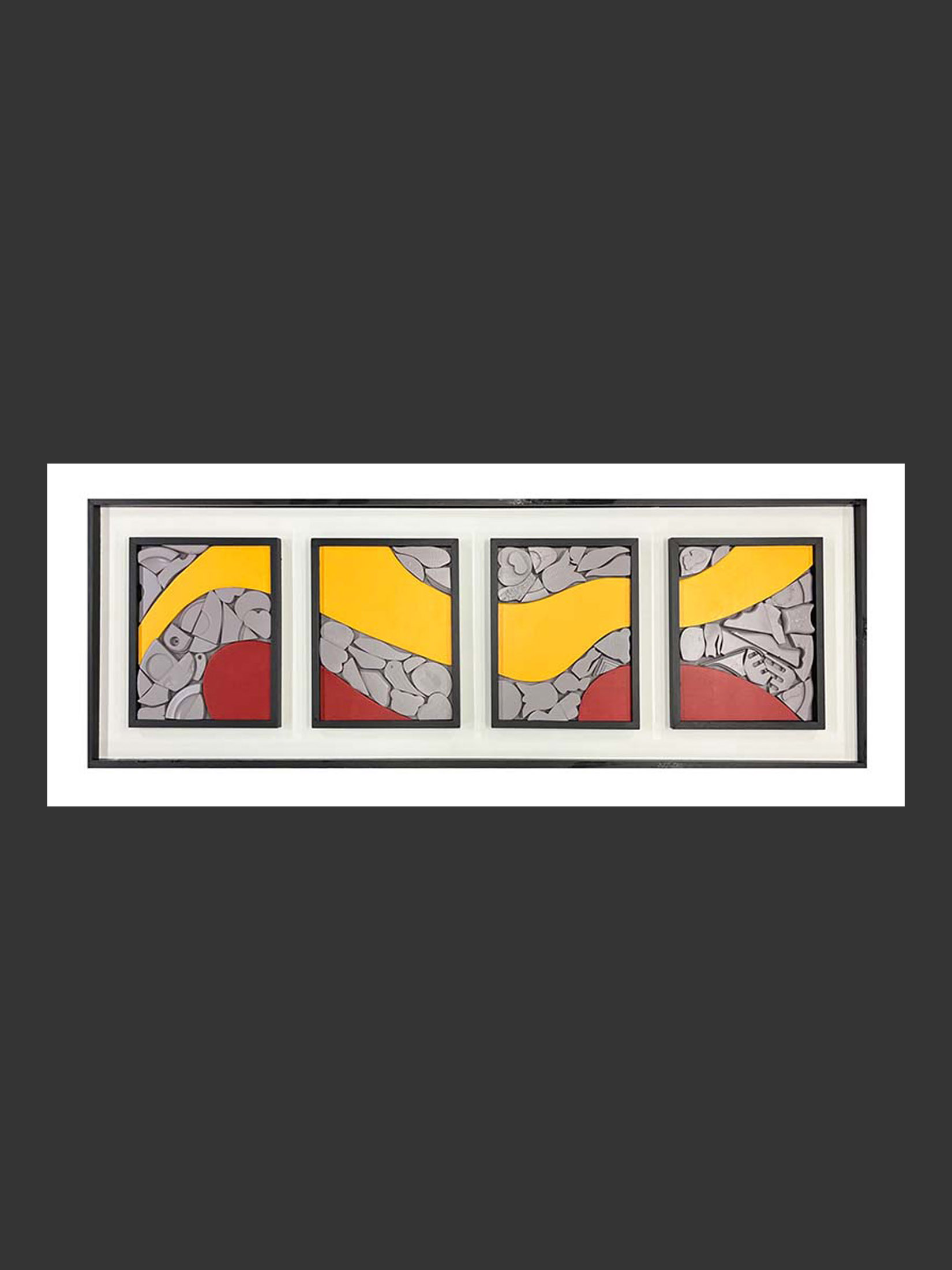 A series of four framed artworks made of reclaimed wood and featuring abstract designs painted in yellow, gray, and red colors depicting the flow of a river by David Furman.
