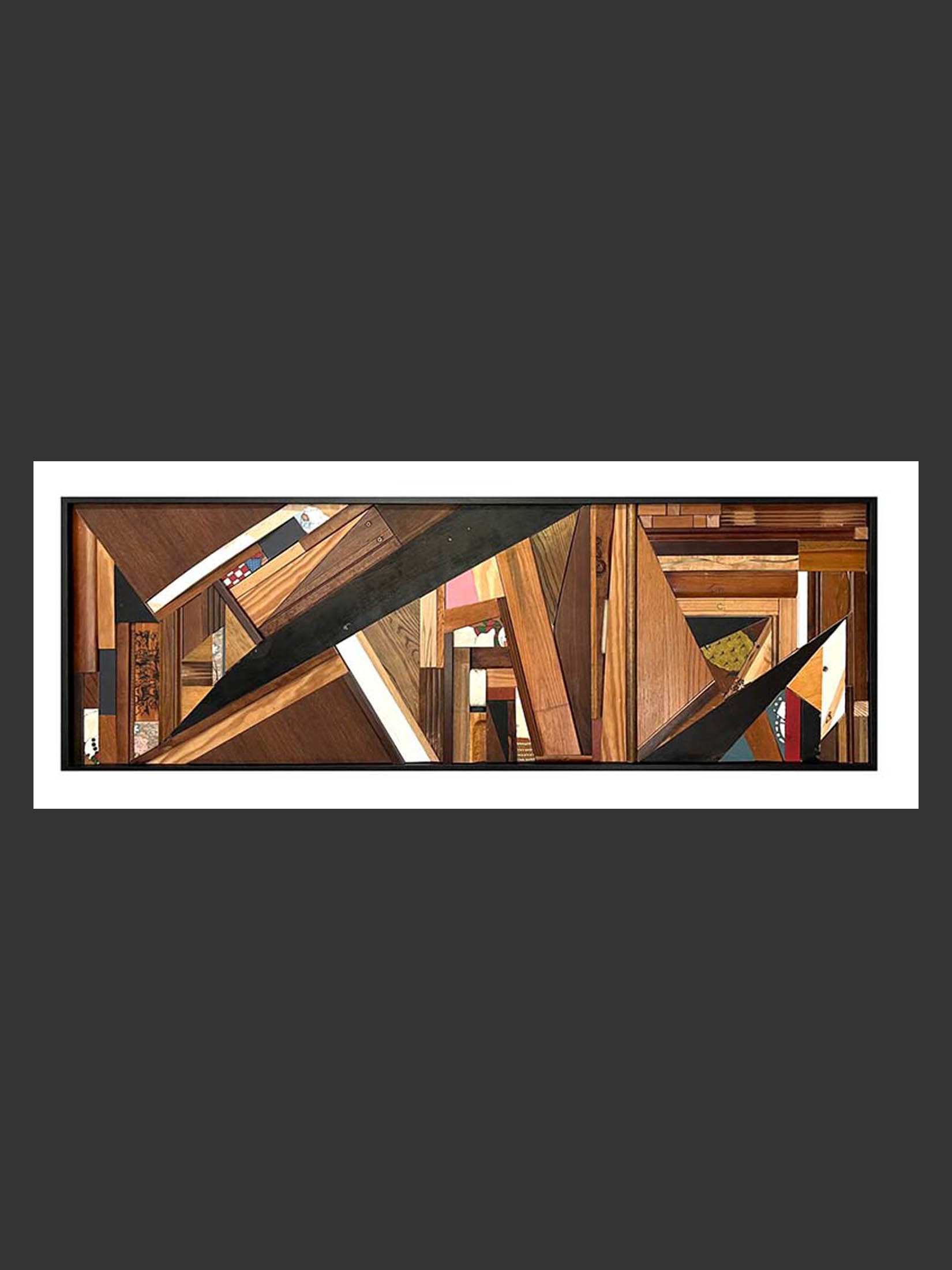 A visually striking abstract artwork made from reclaimed wood composed of various wood textures, shapes, and colors, arranged in an intricate pattern by David Fueman.