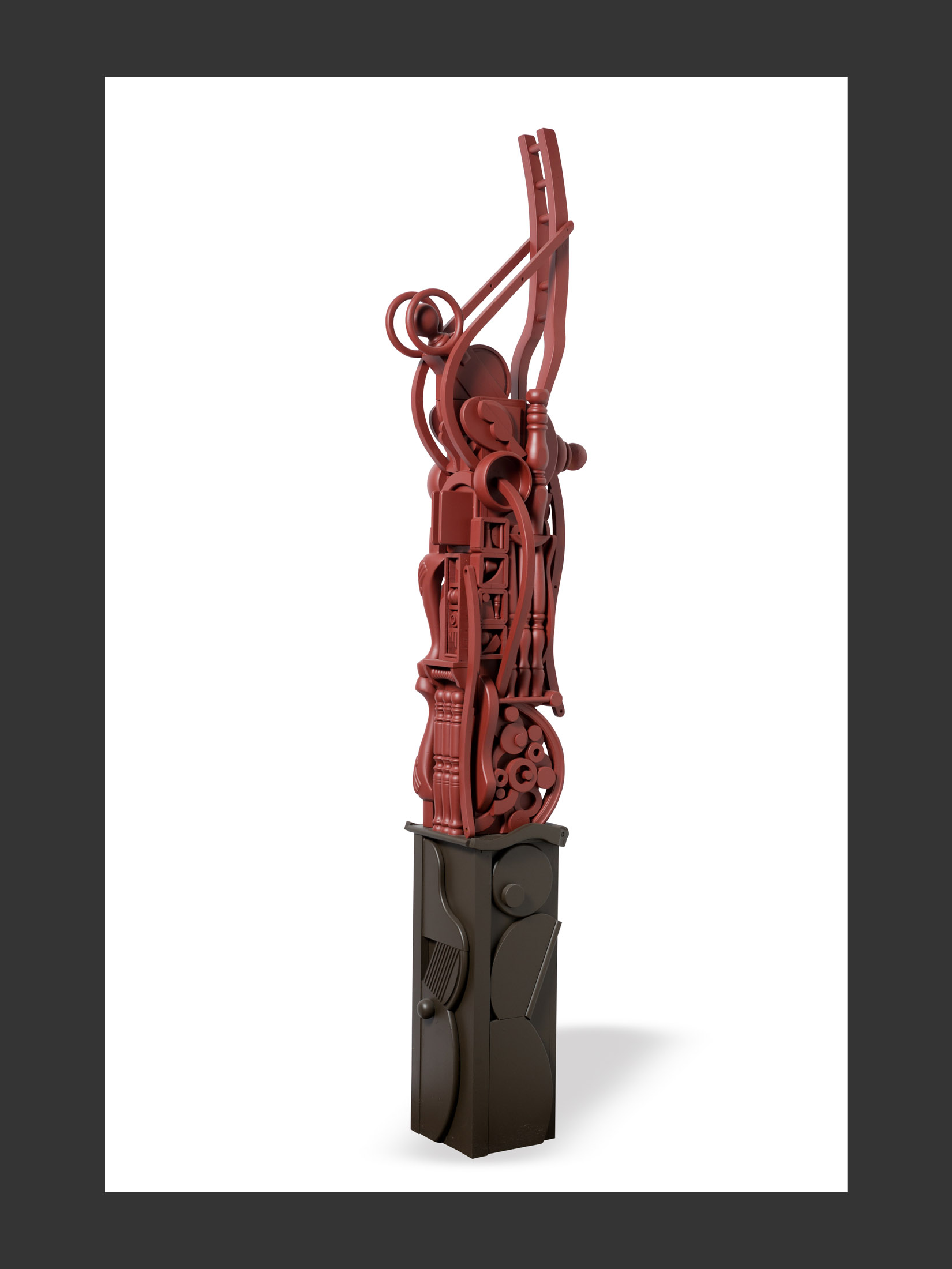 A tall, intricate sculpture made of repurposed wood featuring a predominantly red painted upper section featuring various intertwined forms, mounted on a darker rectangular base by David Furman