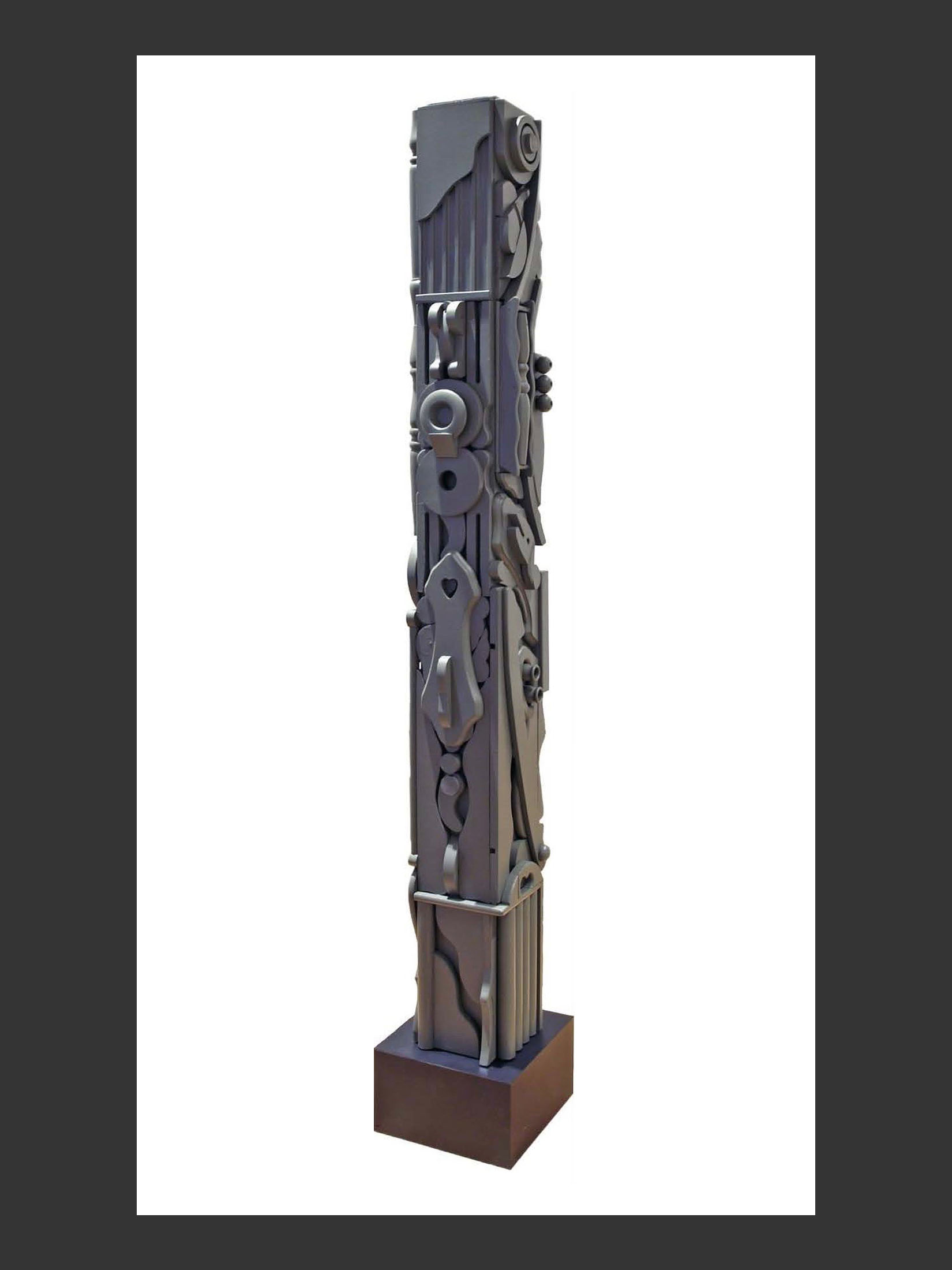 A tall, abstract sculpture, or “Totem” made from repurposed wooden elements featuring intricate patterns and shapes in gray tones, mounted on a square brown base by David Furman.