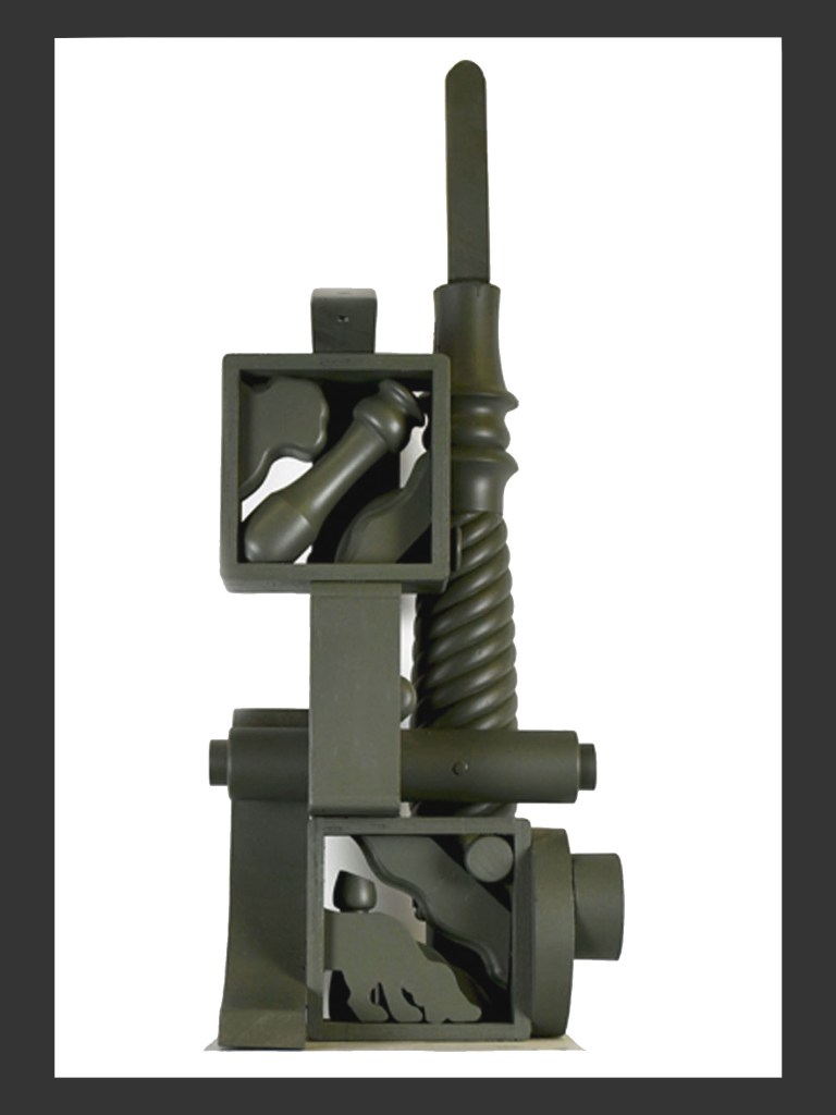 An abstract pedestal sculpture made from reclaimed wood and featuring geometric shapes and forms painted green by David Furman