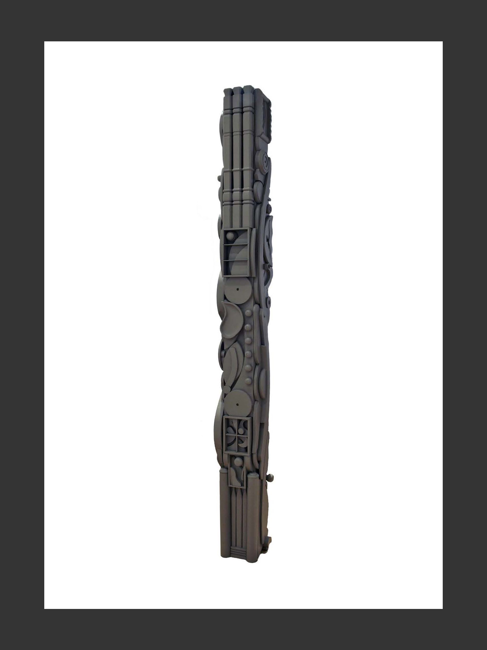 A tall, abstract totem sculpture featuring intricate patterns and shapes in grey tones by David Furman