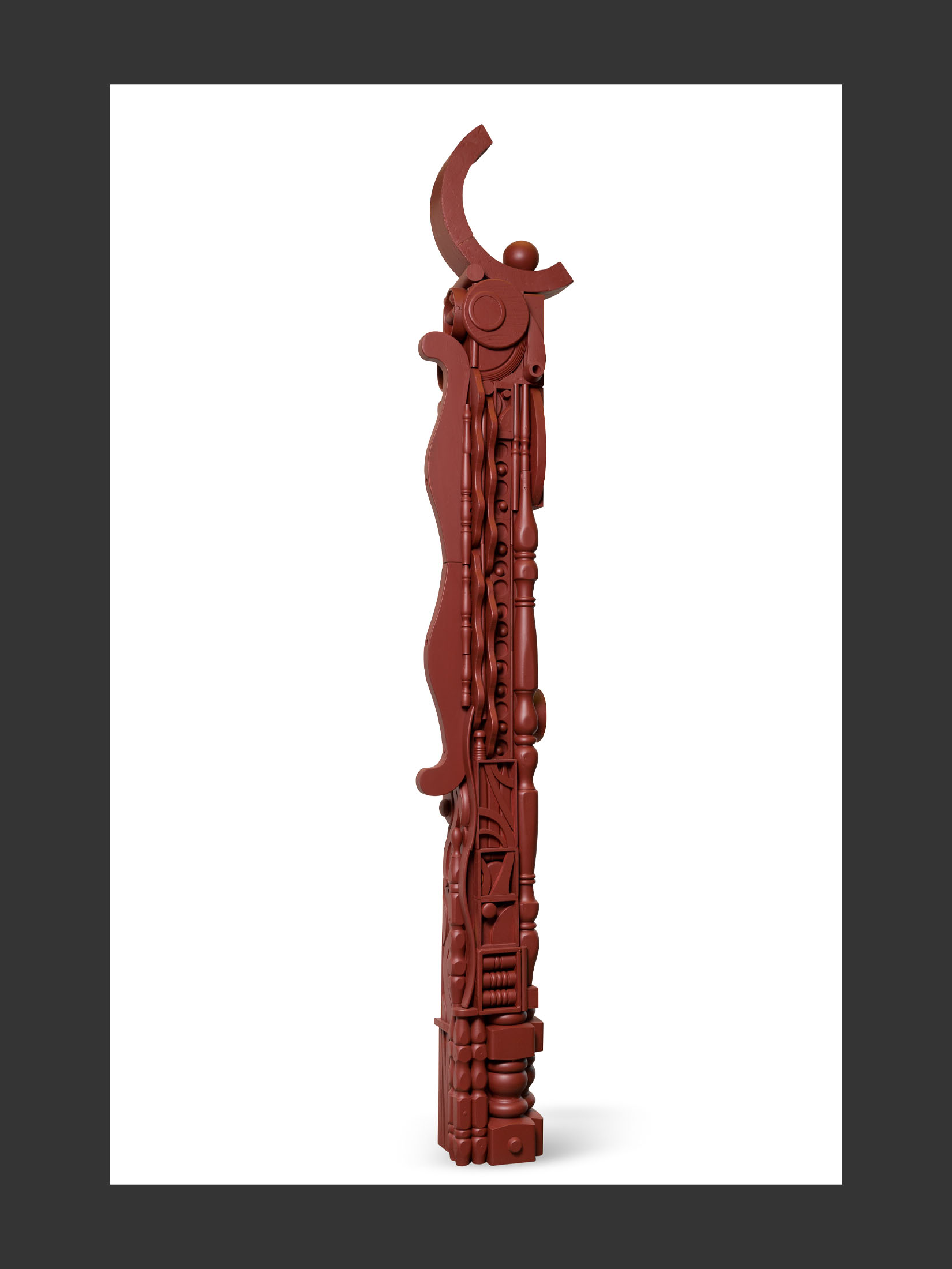 A vertical sculpture or “Totem” made of repurposed wood with intricate designs and a reddish-brown finish, featuring a whimsical mix of various textures and shapes by David Furman.